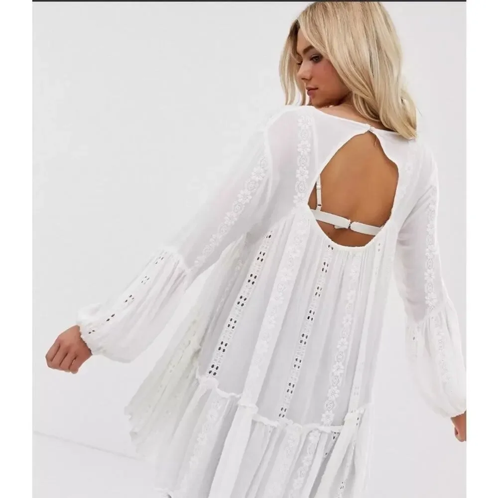 Free People Kiss Kiss Ivory White Tunic Bohemian Lace Embroidered Top Small
